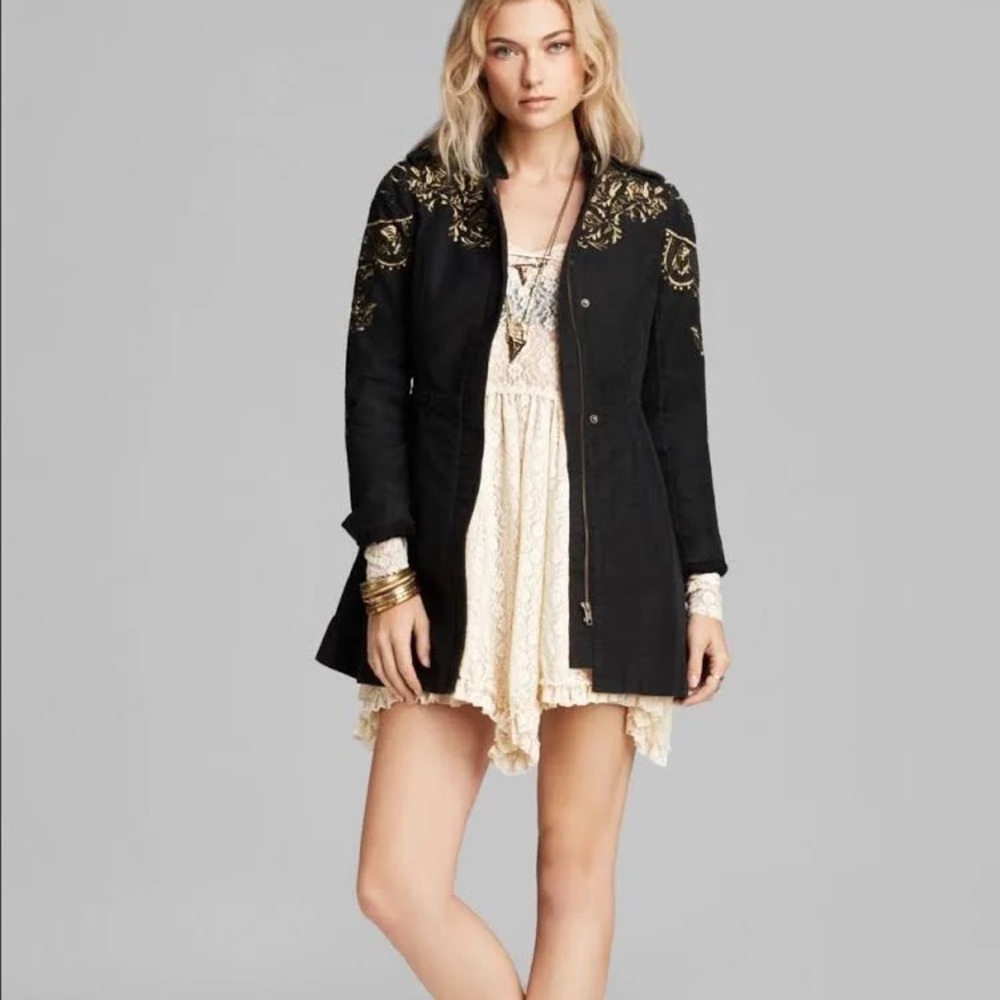 Free People Sargent Zip-up Long Sleeve Embroidered Coat